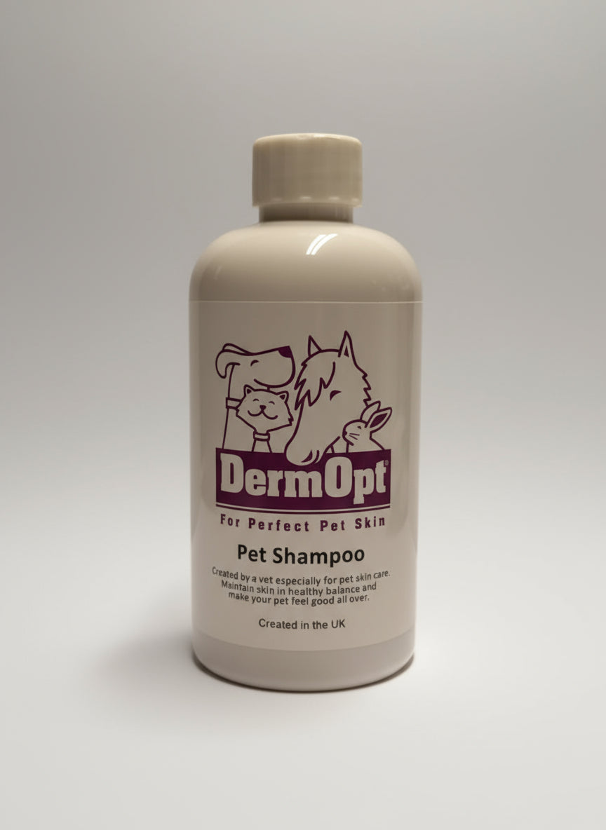 DermOpt pet shampoo bottle on a white background